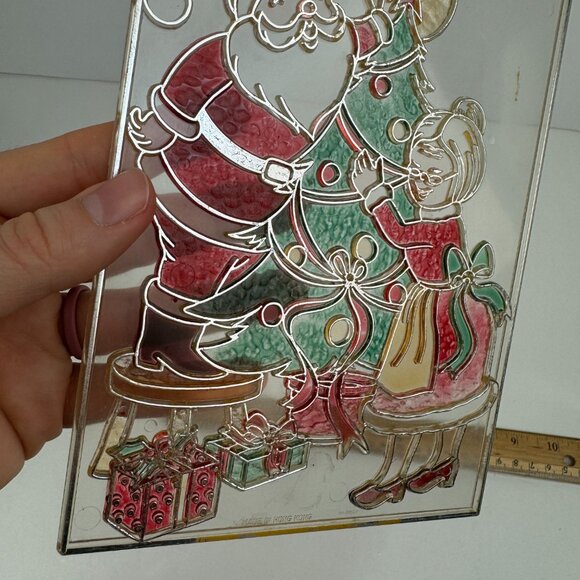 Vtg Retro Mr Mrs Santa Claus Christmas Plastic Faux Stained Glass Suncatcher - Picture 7 of 8